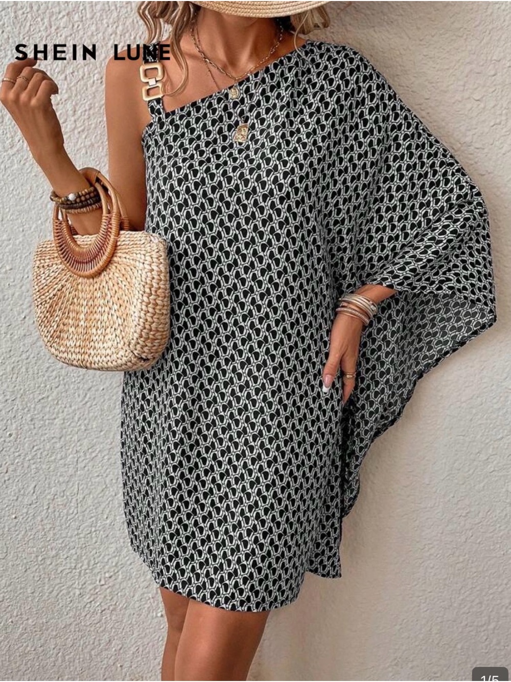 SHEIN LUNE One-Shoulder Black & White Patterned Dress